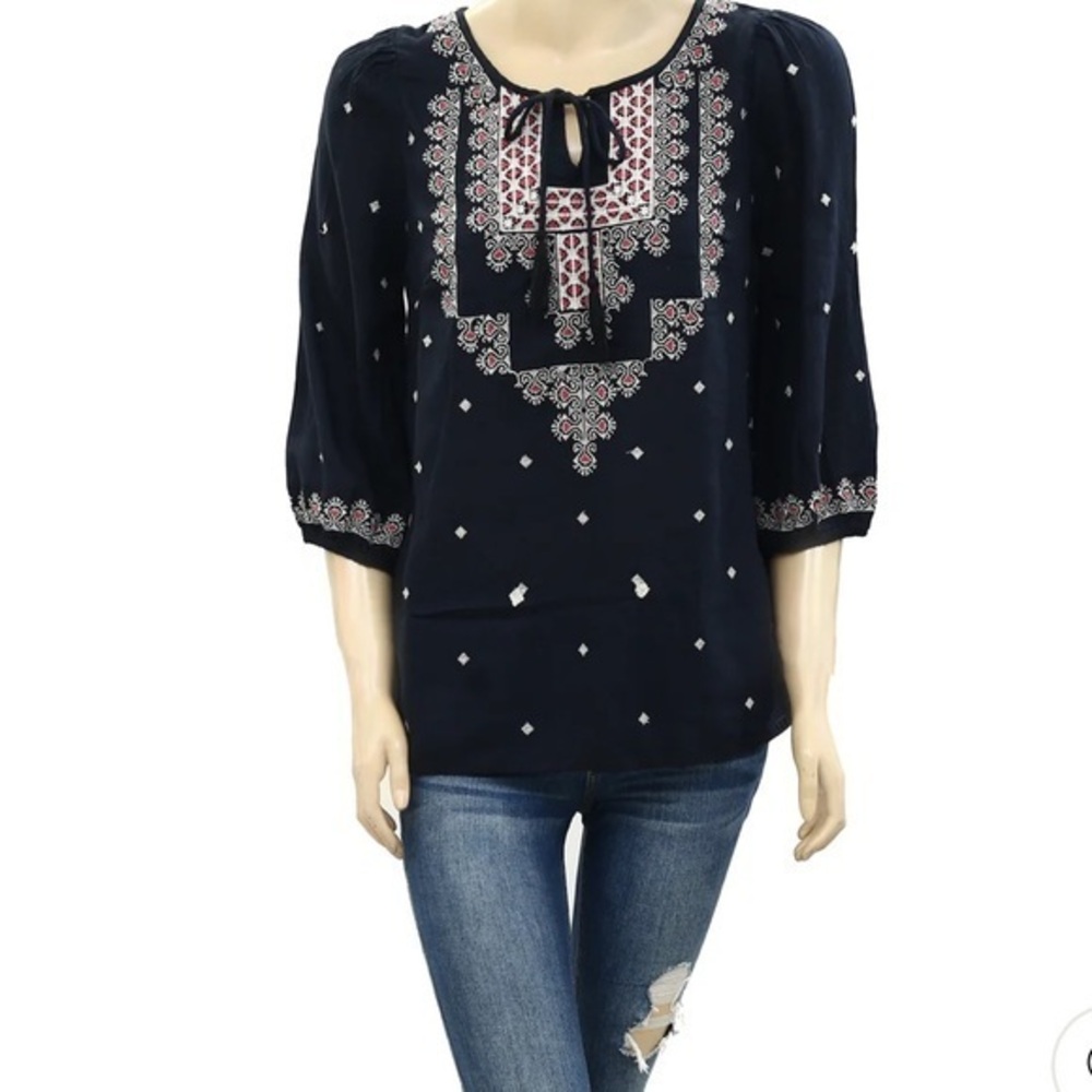 Anthropologie Vanessa Virginia Top Women's XS Blue Boho Multicolor Beaded
